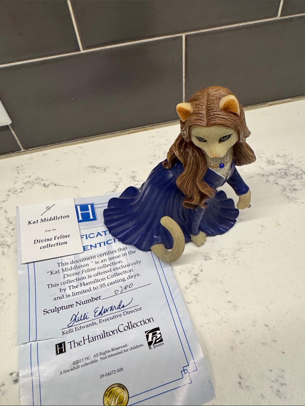Decorative Cat Figurine in Deep Blue Gown